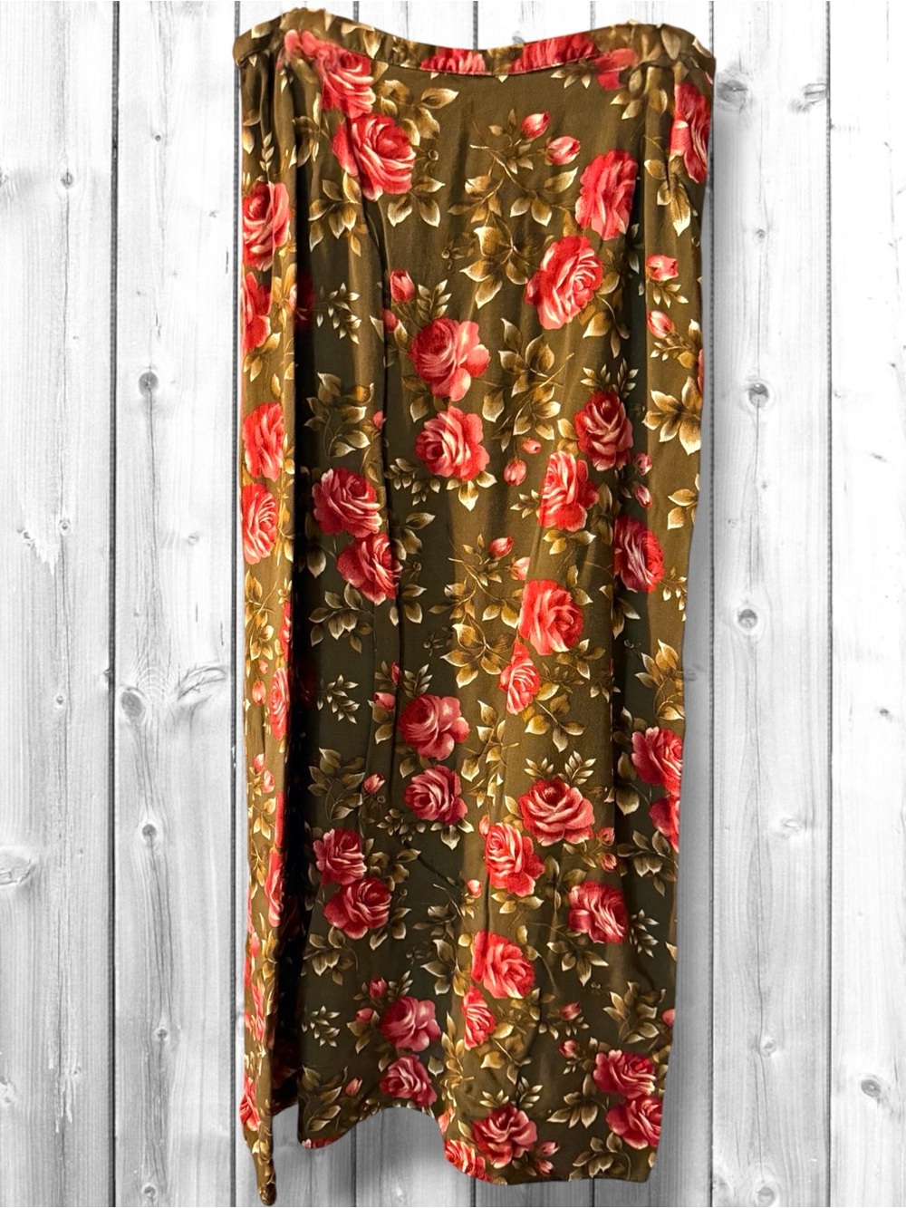 G.H. Bass & Co. Olive Green Maxi Skirt with Red Rose Print